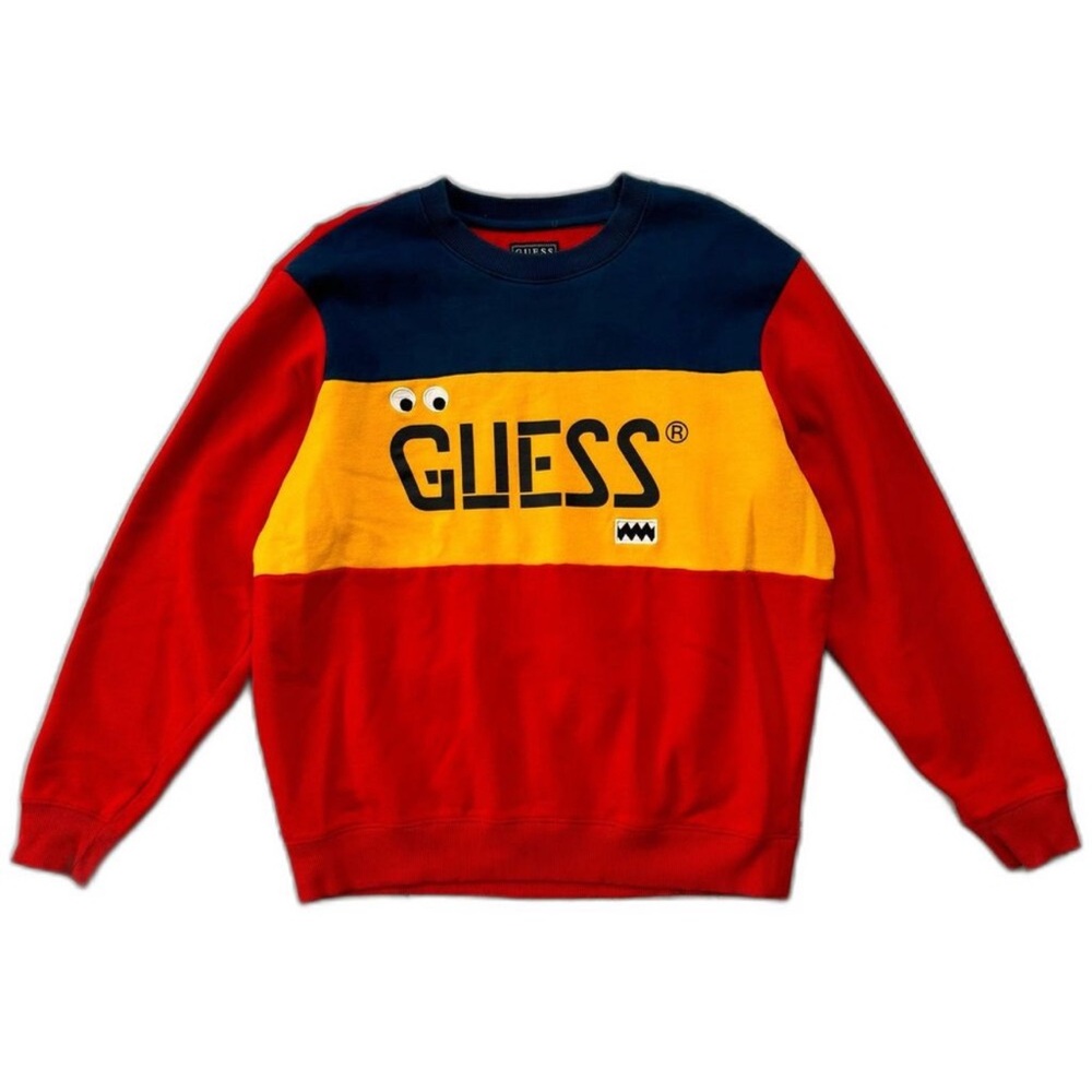 Guess Crewneck Sweater in Red and Yellow with Iconic Logo